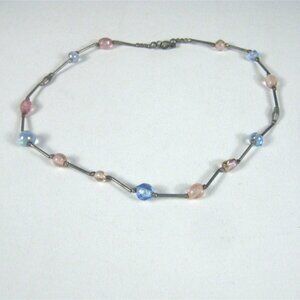 Vintage Pink Blue Glass Bead Necklace Silver Tone Links 18 inch Collar Station